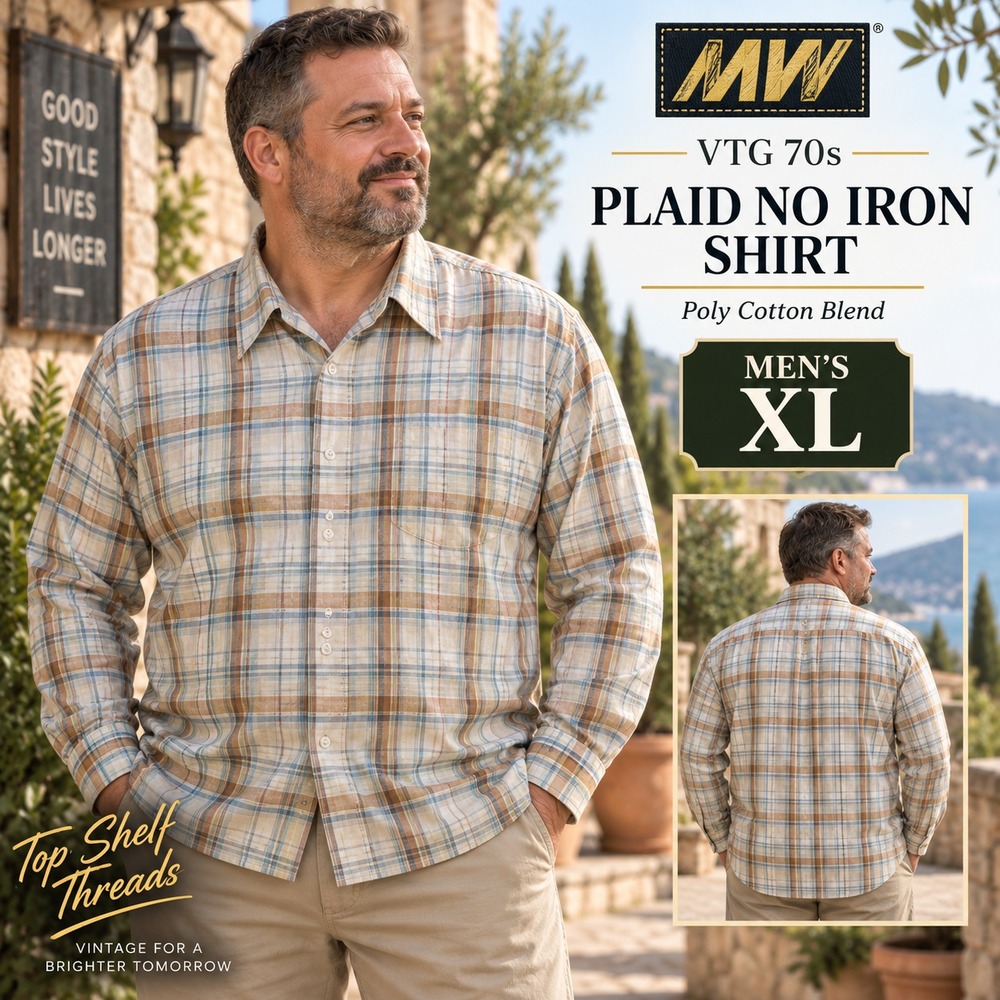 VTG 70s Penneys MW Men XL Plaid No Iron Long Sleeve Button Shirt Dagger Collar